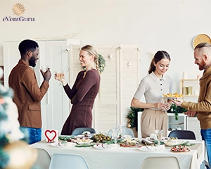 Group of people celebrating christmas in dining room