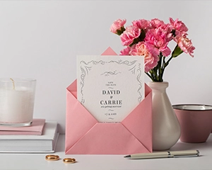 wedding invitation card and rings on the table